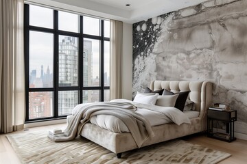 A contemporary bedroom with a statement wall mural, upholstered bed frame, and floor-to-ceiling windows.