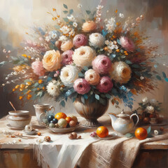 Magnificent oil paint still life with bouquet of different flowers