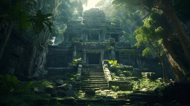Ancient temple in dark jungle, old ruins in fantasy tropical forest. Surreal mystical fantasy artwork