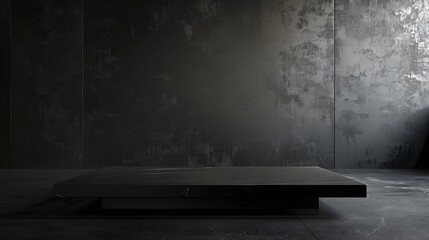 Black podium or pedestal display on dark background with long platform. Blank product shelf standing backdrop. 3D rendering. 