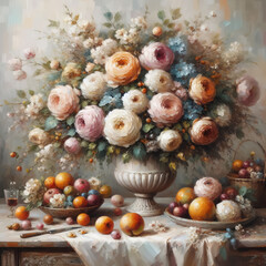 Magnificent oil paint still life with bouquet of different flowers