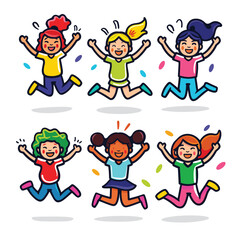 Six joyful cartoon kids jumping excitement. Happy diverse children celebrating, showing joy happiness, colorful outfits. Cheerful animated characters expressing delight, playful mood, fun activities