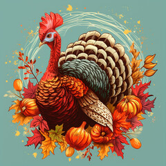 Cartoon poster for Thanksgiving day with colorful turkey surrounded by pumpkins and fall leaves on blue background.