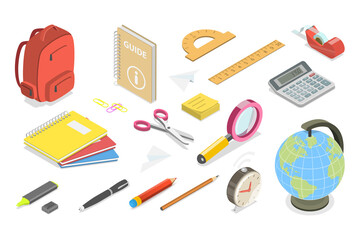 3D Isometric Flat  Set of School Stationary, Items and Accessories for Education