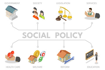 3D Isometric Flat  Illustration of Social Policy, Government Support and Legislative Changes