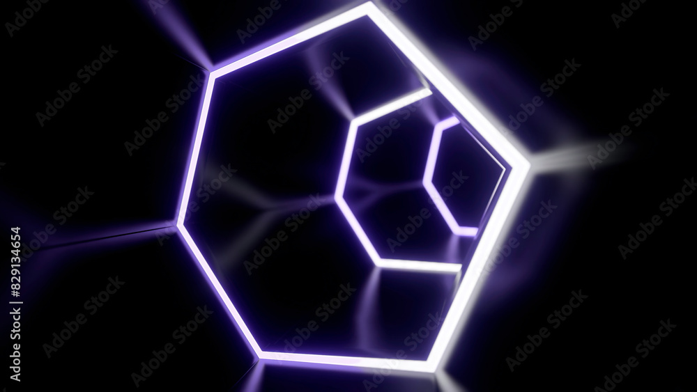 Poster flying inside dark virtual tunnel with neon hexagonal grid. design. bright neon grid of hexagons in 