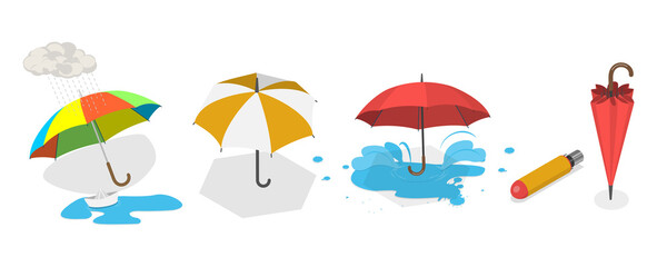 3D Isometric Flat  Illustration of Umbrella Collection, Rain Pprotection Parasols