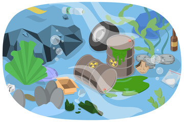 3D Isometric Flat  Illustration of Dirty Underwater Landscape , Ocean Pollution Impact on Ecosystem