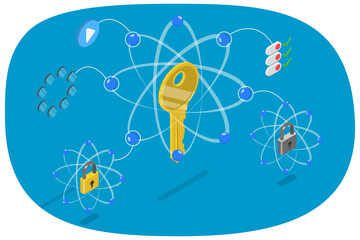 3D Isometric Flat  Illustration of Quantum Cryptography , Advanced Technologies for Data Security