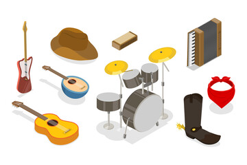 3D Isometric Flat  Set of Country Music, Cowboy Party