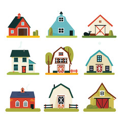 Collection nine cartoon farmhouses barns, varied designs colors, set against isolated white background, building unique red, blue, beige houses, green yellow barns, smoke chimney. Flat design vector