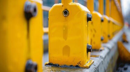 A line of brilliantly yellow construction barriers form a protective wall around the ongoing work.