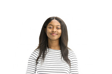 Woman, on a white background, close-up