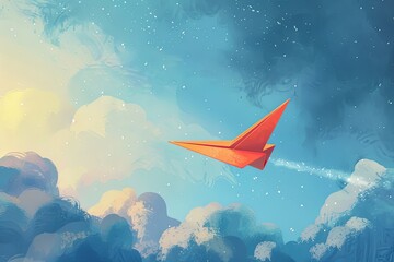 Naklejka premium A red paper airplane soaring through a cloudy sky