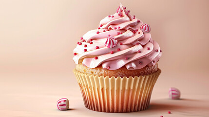 Delicious birthday cupcake on light background with red springkle