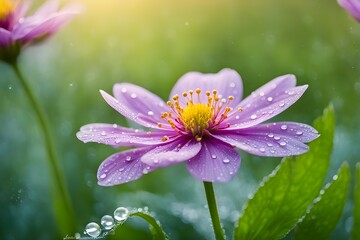Fototapeta premium A purple flower with yellow centers is surrounded by green leaves