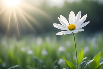 A white flower with a yellow center is in a field of green grass - Powered by Adobe