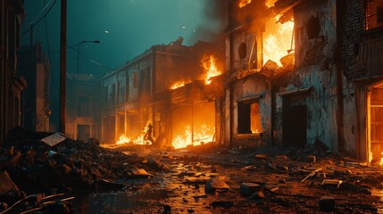 Burning buildings in the city at night. Fire in the city.