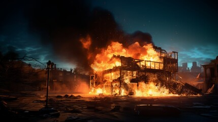 Burning buildings in the city at night. Fire in the city.
