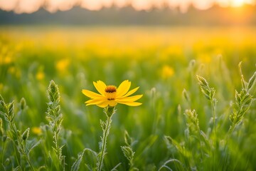 Obraz premium A yellow flower is standing in a field of green grass