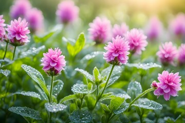 A field of pink flowers with dew on them