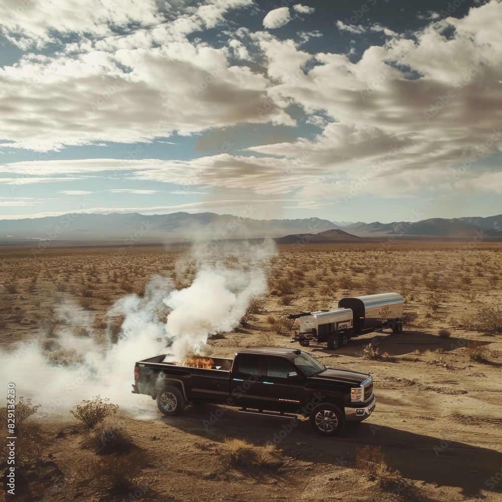 Poster a pickup truck pulling up to desert cookout towing a mill scale smoker in a desert field