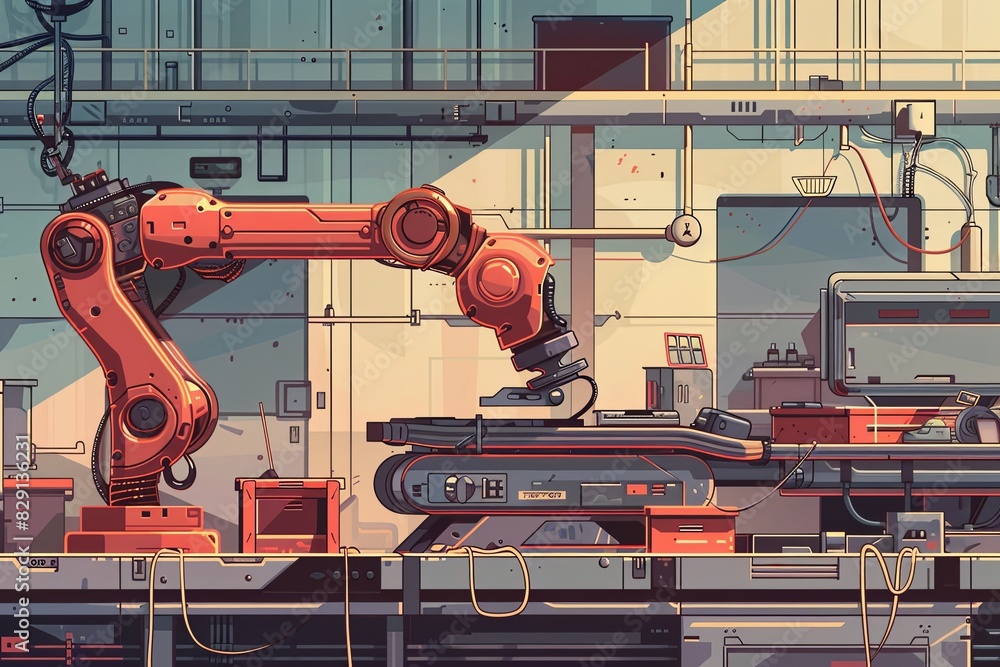 Poster a robot is positioned in front of a machine, ready for interaction or operation