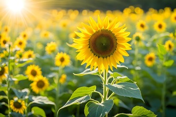 Obraz premium A sunflower is the center of attention in a field of sunflowers
