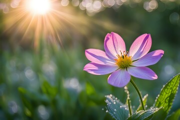 Fototapeta premium A pink flower with a yellow center is in a field of green grass