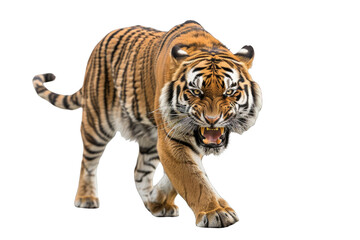 an angry tiger walking towards the camera isolated on white background. png.