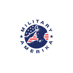 vector logo illustration of military soldier saluting with american flag background in vintage style