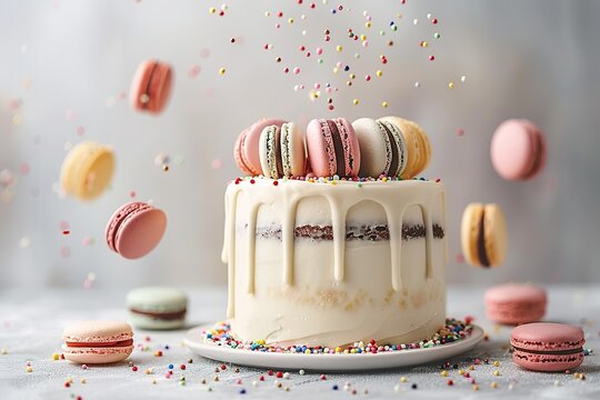 Tender pink cake decorated with melted white chocolate, macaroons, meringues
