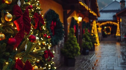 Fototapeta premium A decorated Christmas tree with red and gold ornaments, twinkling lights, and a red velvet bow. Festive cobblestone street lined with lanterns and greenery creating a holiday atmosphere