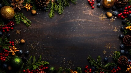 Rustic Christmas arrangement with ornaments, pinecones, and berries on a wooden background