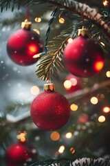 A red Christmas bauble hangs from a snowy evergreen branch, illuminated by warm fairy lights. The image captures the festive spirit and beauty of traditional holiday decorations