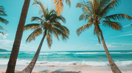 Fototapeta premium Tropical beach and palm trees, palm trees framing, Copy space on sky background 