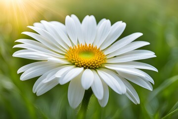 Fototapeta premium A white flower with a yellow center is in a field of green grass