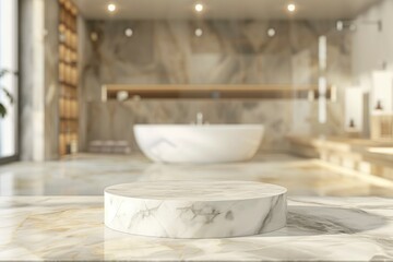 Marble podium for bathing product display on blurred bathroom background - generative ai
