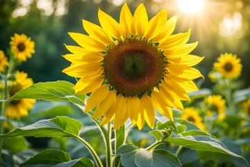 Obraz premium A large yellow sunflower is the center of attention in a field of green grass