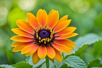 A bright orange flower with a purple center