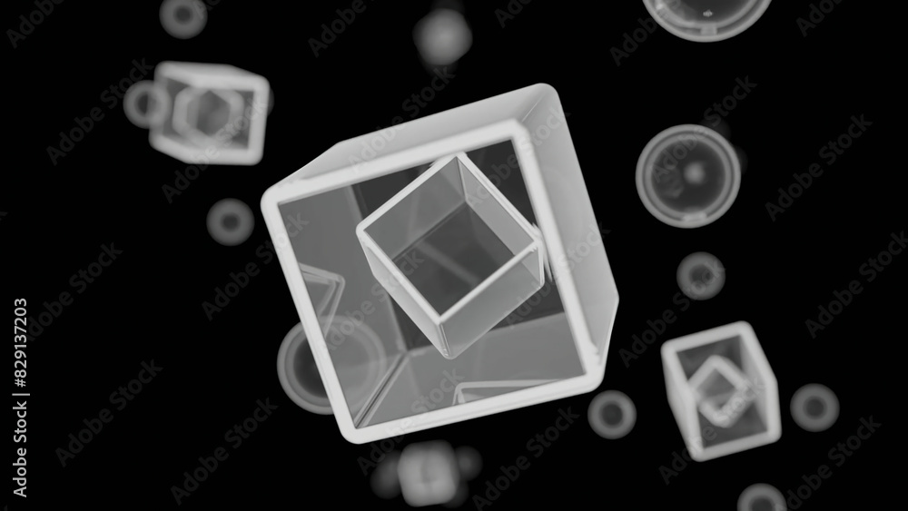 Poster abstract monochrome 3d cubes and bubbles. design. geometric background with flying and rotating shap