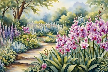 Fototapeta premium A painting of a garden with a path and a fence
