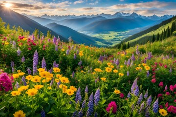 A beautiful field of flowers with a mountain in the background