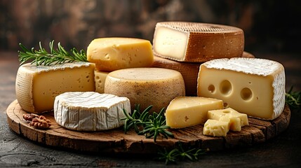 Fototapeta premium Cheese - Enjoyed in many forms and varieties worldwide, from French brie to Swiss fondue. Placed on the dining table in the kitchen. Minimal and Simple style