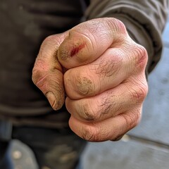 Close-up of an angry man's clenched hands, his fists clenched