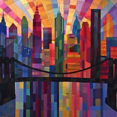 colorful cityscape painting silhouette of loom carpet border design textile modern