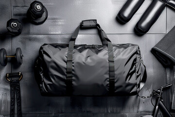 A gym bag placed on top of a gym floor, surrounded by exercise equipment and workout mats