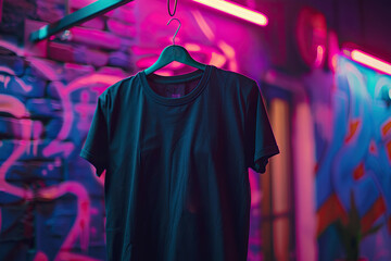 A white t-shirt is displayed on a hanger in front of a colorful graffiti-covered wall. Mockup template for design print