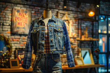 Obraz premium A denim jacket is prominently displayed on a rack inside a shop, ready for customers to browse and purchase. Mockup template for design print