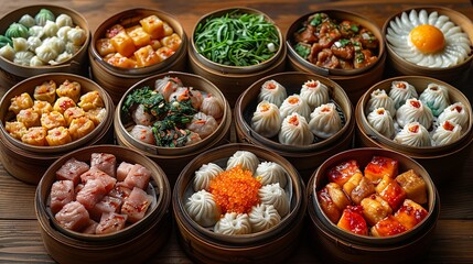 Fototapeta premium Dim Sum - A variety of bite-sized dishes from China, often enjoyed as a social meal. isolate on white background Minimal and Simple style